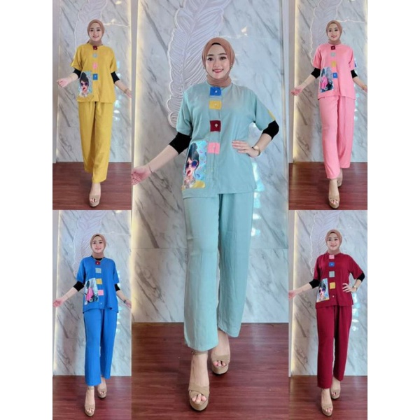 setelan wanita lengan pendek dewasa kekinian one set terbaru bahan rayon premium