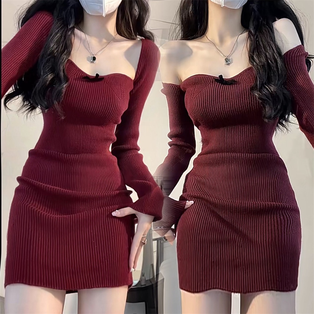 Red Merah Anggur Kerah Kotak Rajutan Gaun Wanita Musim Gugur dan Musim Dingin Rok Bawah Lengan Panjang Slim-Fit Hip rok Natal Kecil Rok