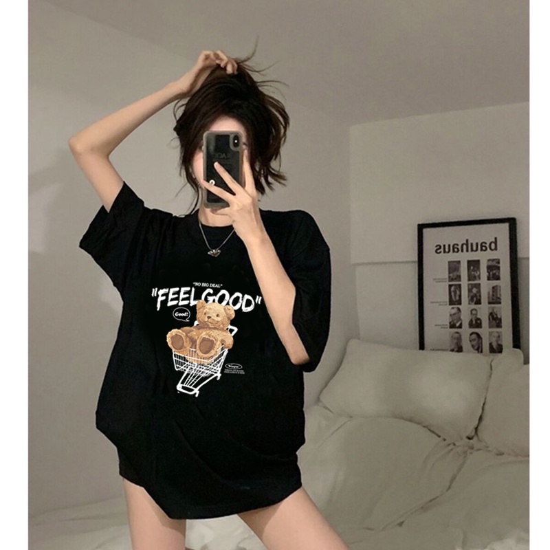 baju atasan wanita kaos/lengan pendek cartoon bear graphic print T-shirt korean style import kaos hitam