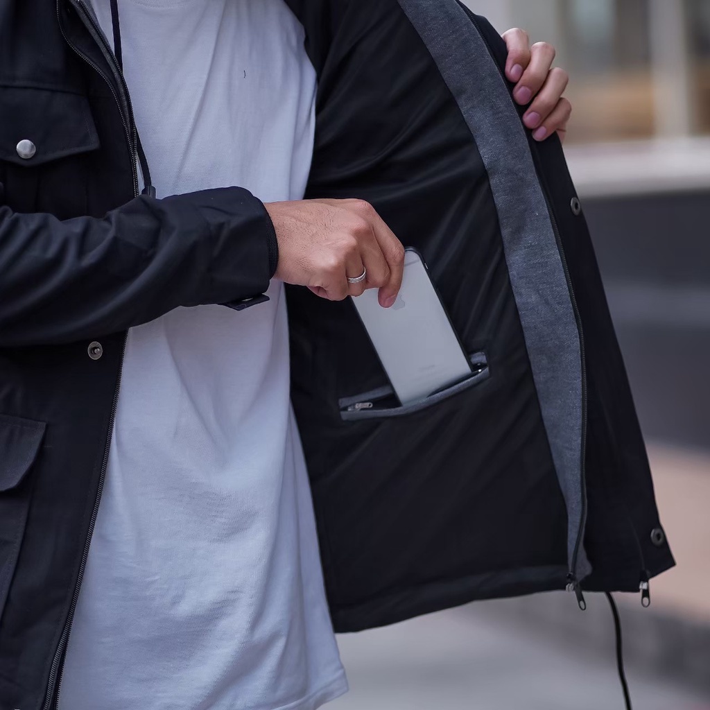 Jaket Parka Pria Long Coat Hoodie Jacket Canvas Tebal Simple Sleting