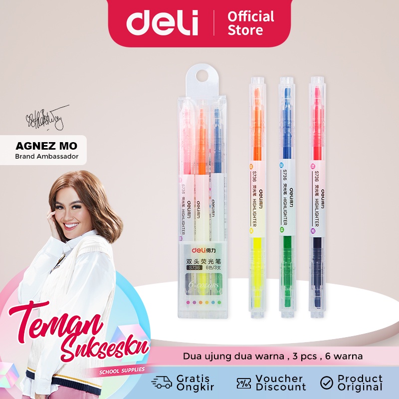 Deli highlighter ujung 2 warna 3pcs/pak 6 warna S736