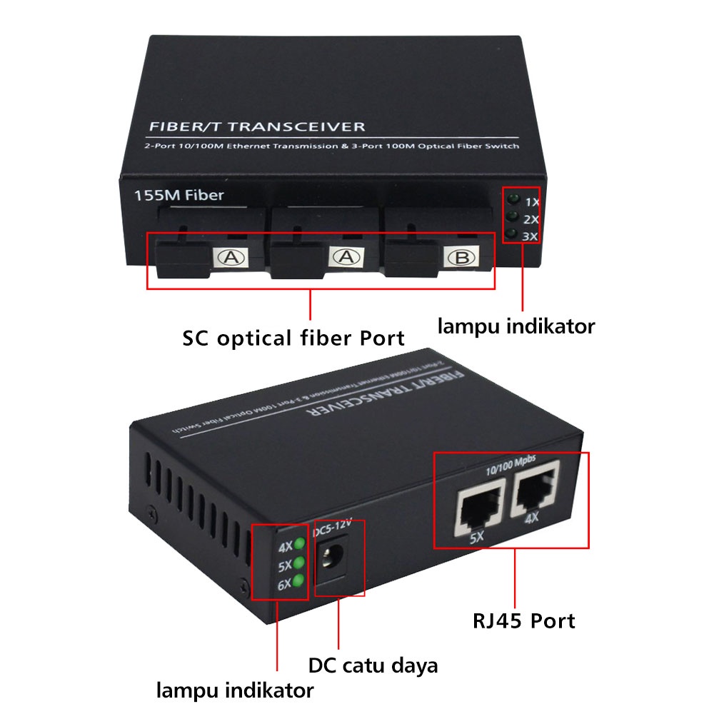 10/100Mbps Fiber Optic 3F2E Media Converter Single Mode 2 Rj45 Dan 3 Sc Port  Asli Import 5V/2A