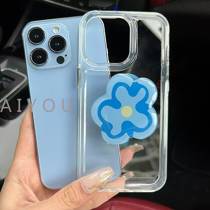 IPHONE Casing Hard Case Bening Tahan Guncangan Mewah Untuk Iphone13 14 12 Pro Max11 X XR XS 7 8 Plus Pelindung Lensa Kamera Transparan Soft Cover+Phone Holder Bunga Biru