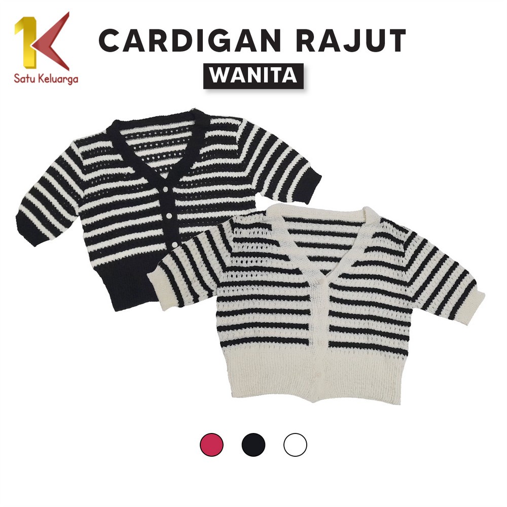 Satukeluarga Surabaya Cardigan Rajut Wanita Korea Model Crop P465 Outer Knit Motif Garis Lengan Pend