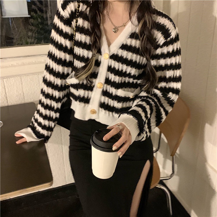 YIU YIU Rajut - Cardigan Rajut Crop Korea Stripe Sweater Kardigan Rajut Premium Lengan Panjang