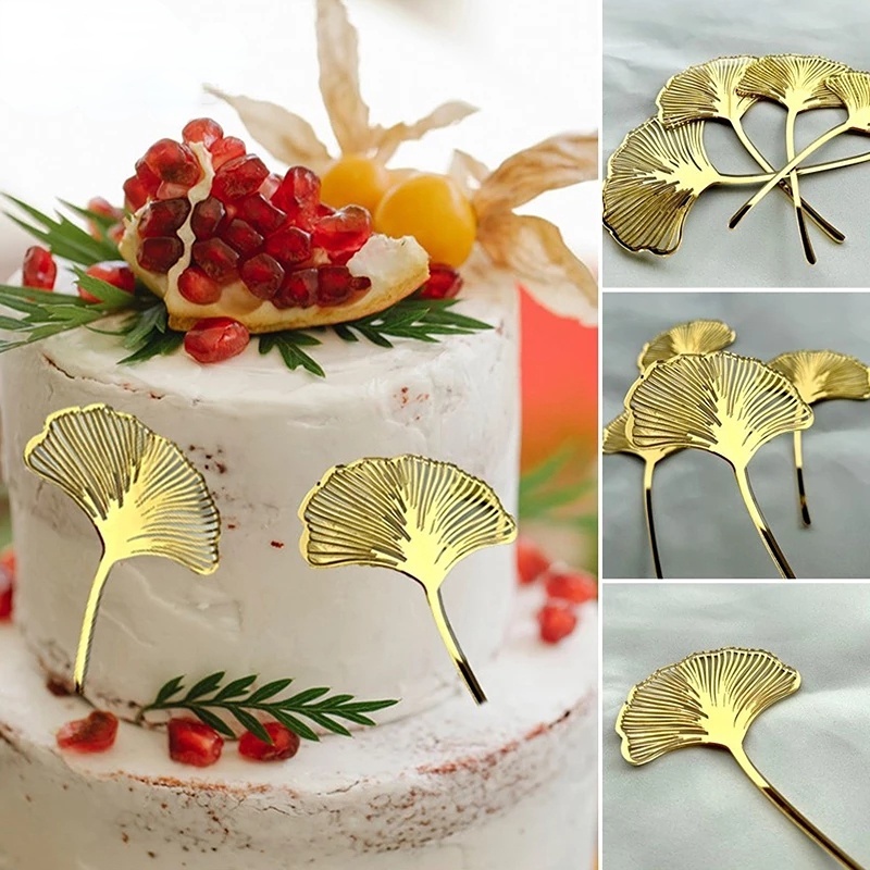 Topper Kue DIY Baking Hias Props Pesta Ulang Tahun Pernikahan Dessert Decor Muffin Ice Cream Dessert Daun Emas Akrilik Dekorasi Kue Cupcake Insert Card Gingko Leaf