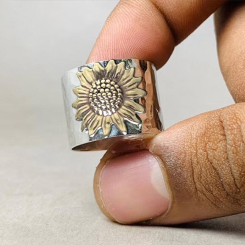 Punk Vintage Emas Bunga Matahari Cincin Untuk Wanita Berlapis Perak Jari Lebar Ring