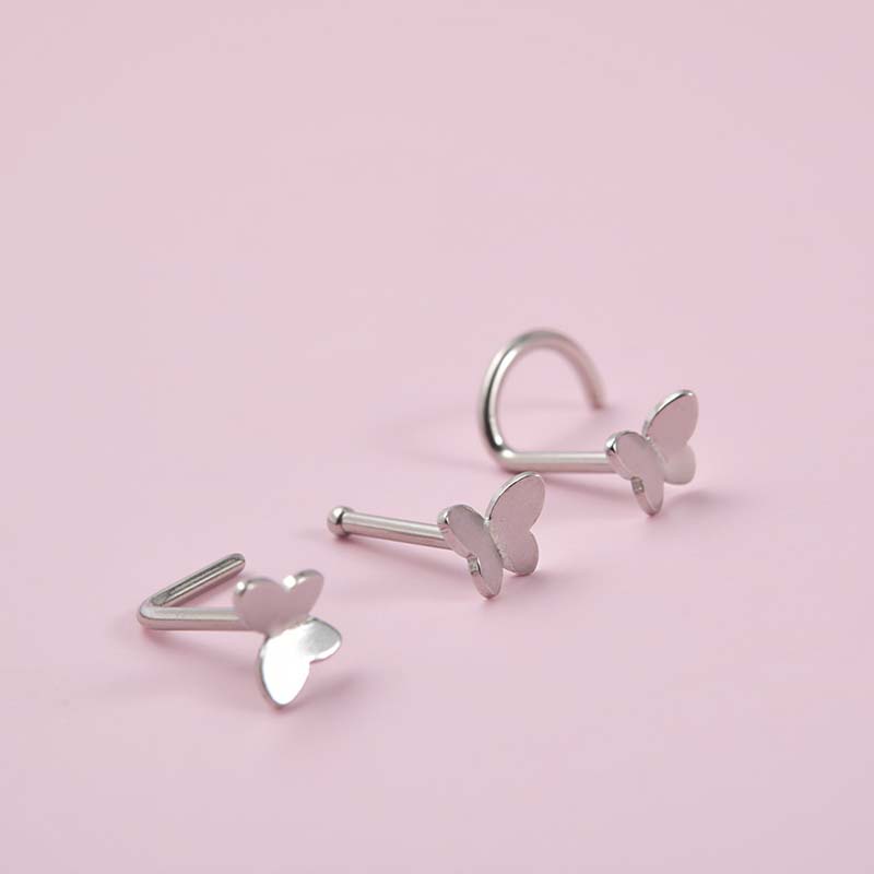 1biji Stud Hidung Bentuk Kupu-Kupu 20Gauge Piercing Stainless Steel Warna Silver Stud Bentuk L