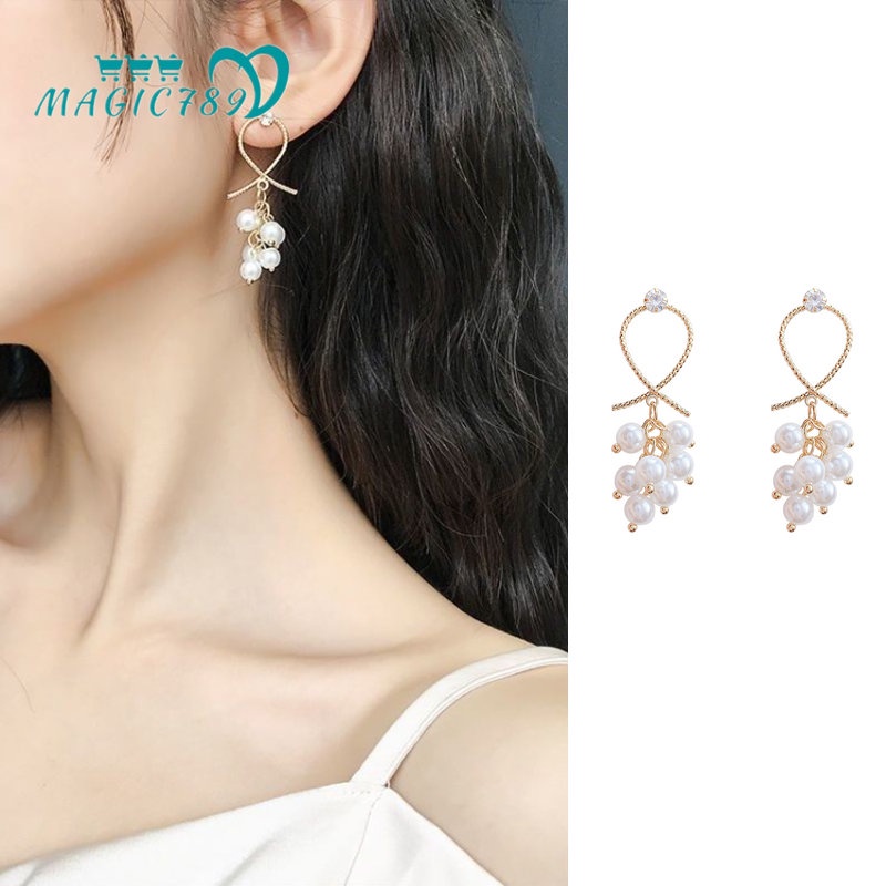 Papaozhu Korea Mutiara Manik-Manik Menjuntai Anting-Anting Untuk Wanita Gadis Elegan Cross Drop Earring Perhiasan Untuk Pernikahan Pertunangan Pesta