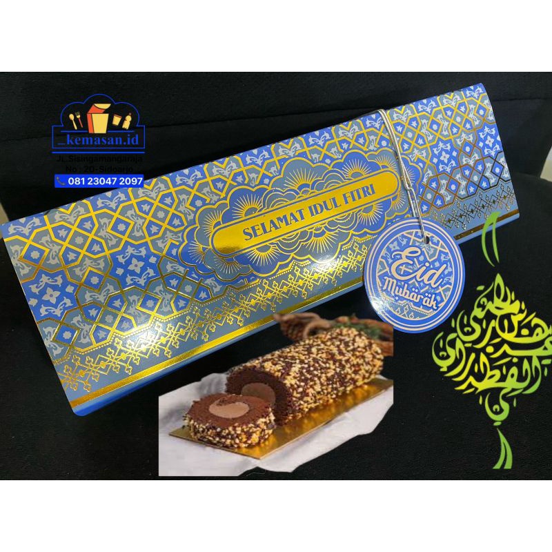 

BOX ROLL TART "SELAMAT IDUL FITRI" BIRU MUDA+HANG TAG+TALI SILVER+ALAS 25X8X8CM