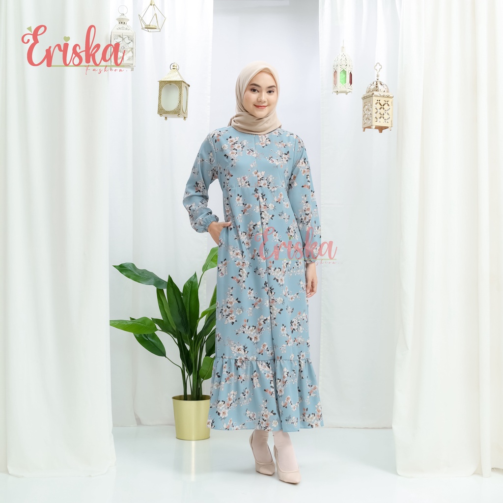 Rose Dress Warna Biru | Gamis Motif | Gamis Motif Bunga | Gamis Busui | Gamis Bahan Halus | Eriska F