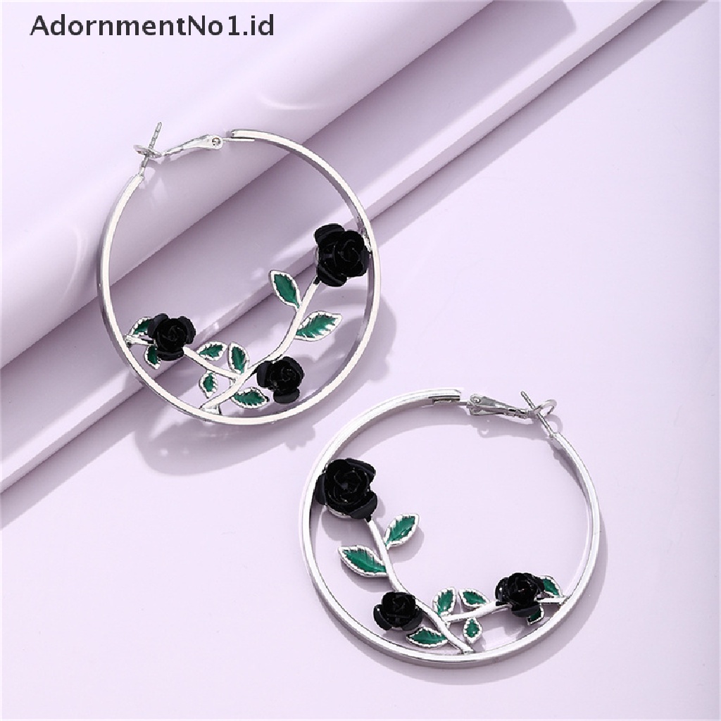 [AdornmentNo1] Wanita Bunga Hoop Anting Mawar Berongga Anting Berlebihan Bulat Perhiasan Fashion [ID]