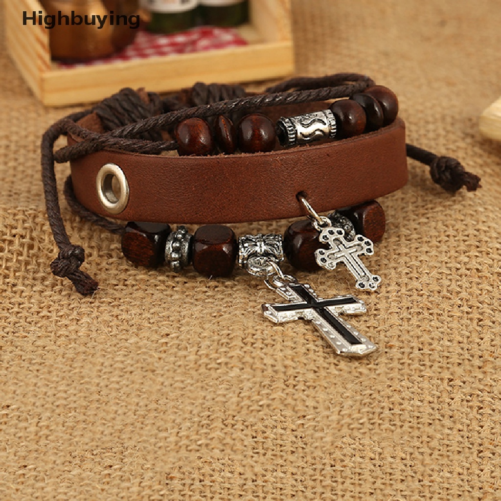 Hbid Hot Stylish Faux Leather Punk Gelang Bangle Salib Liontin Bungkus Gelang Glory