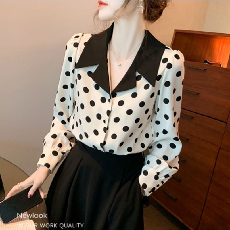 2160 Baju atasan kemeja POLKADOT NOTCHED COLLAR lengan panjang Korea Korean style polka cewek import