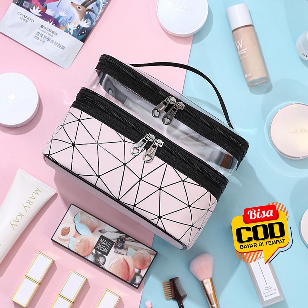 [Bisa COD] Tas Kosmetik Make Up Travel Wanita / Tas Make Up Waterproof Motif Garis / Pouch Make Up W