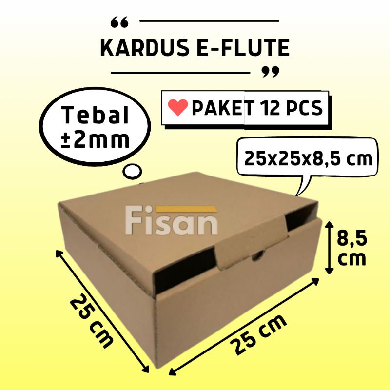 

12 Pcs Kardus E-Flute Dus Box Kotak Hampers Baju Kue Roti Polos 25x25x8,5 cm