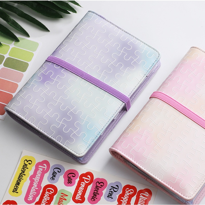 A6 Binder Notebook Set Puzzle Cover PU Kulit Planner Notebook Ritsleting Folder Penyimpanan Uang Tunai Amplop Uang Organizer