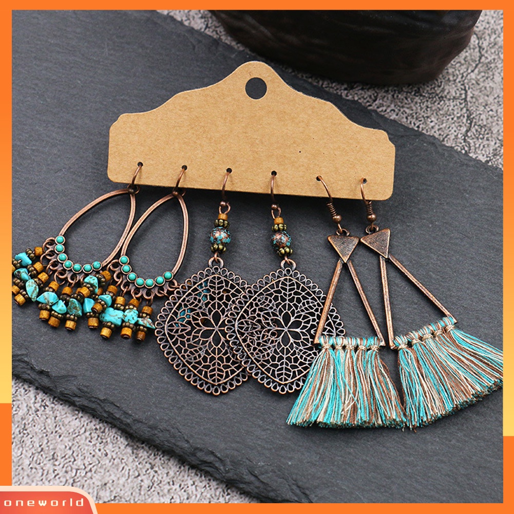 {oneworld} 3pasang Vintage Wanita Rumbai Bulat Geometris Menjuntai Kait Anting Set Perhiasan