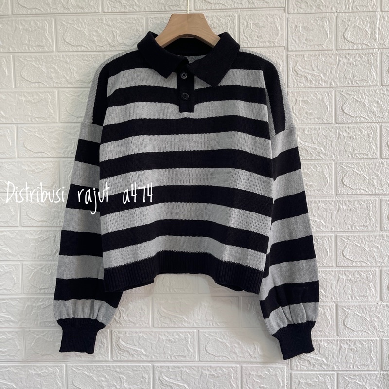 POLO SWEATER STARLA BLASTER BLOUSE STRIPPE LENGAN PANJANG-Hitam silver starla