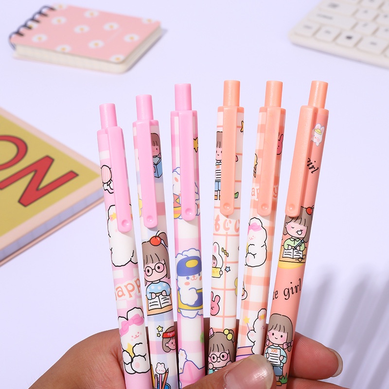 [Warna Random] 0.5mm Kreatif Tekan Tipe Gel Pen Indah Halus Hitam Netral Pulpen Siswa Netral Pulpen Alat Tulis Kartun Pola Kelinci Lucu Pink Gel Pen