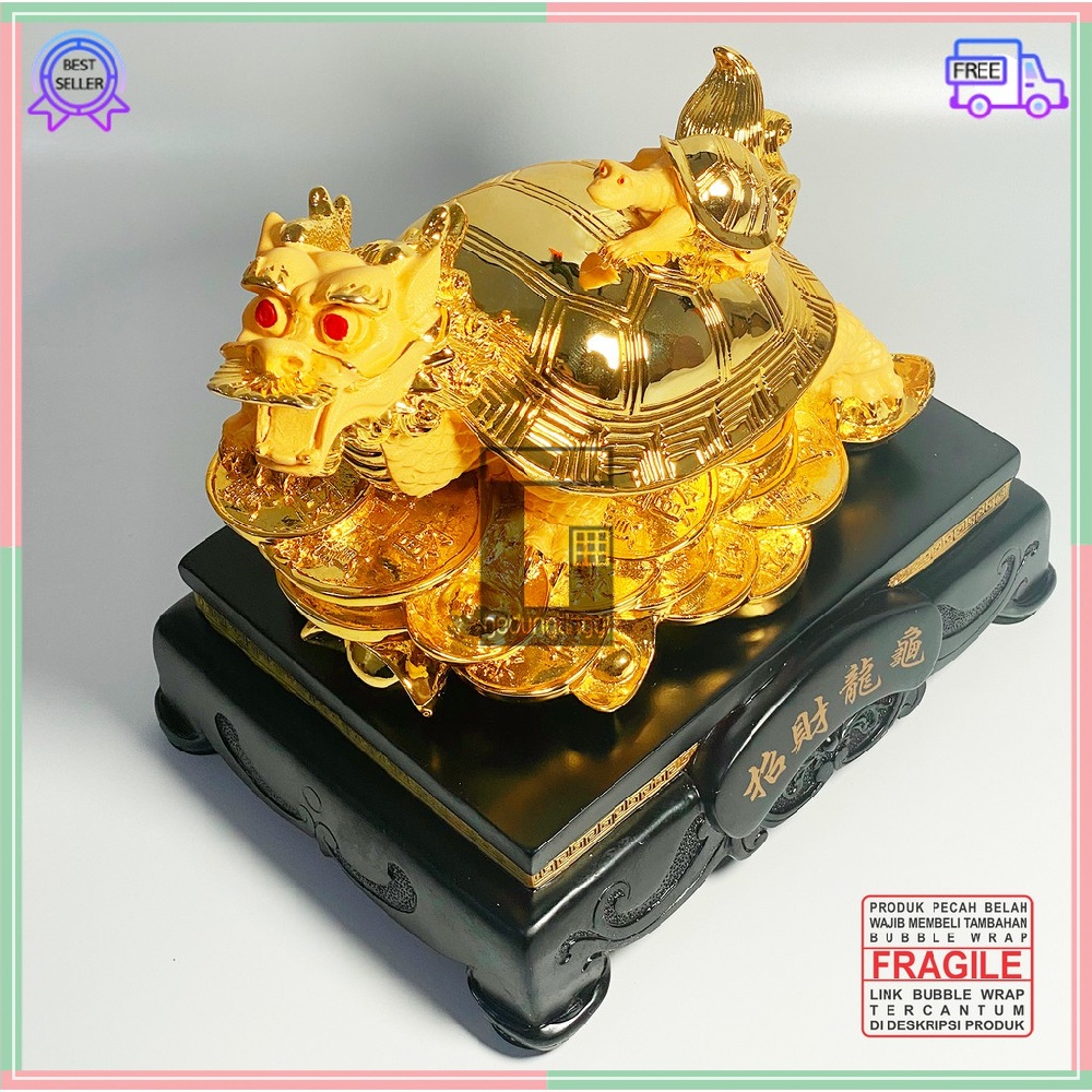 Hiasan Dekorasi Kado Hadiah Patung Pajangan Hewan Kura Kura Kura-Kura KuraKura Penyu Turtle Kepala Kaki Tiga Shio Naga Lungkui Gigit Coin Koin Amulet Hoki Rejeki Keberuntungan Lucky Gold Emas Kuningan Fengshui Tahun Baru Imlek Sincia Besar Jumbo Gift Box