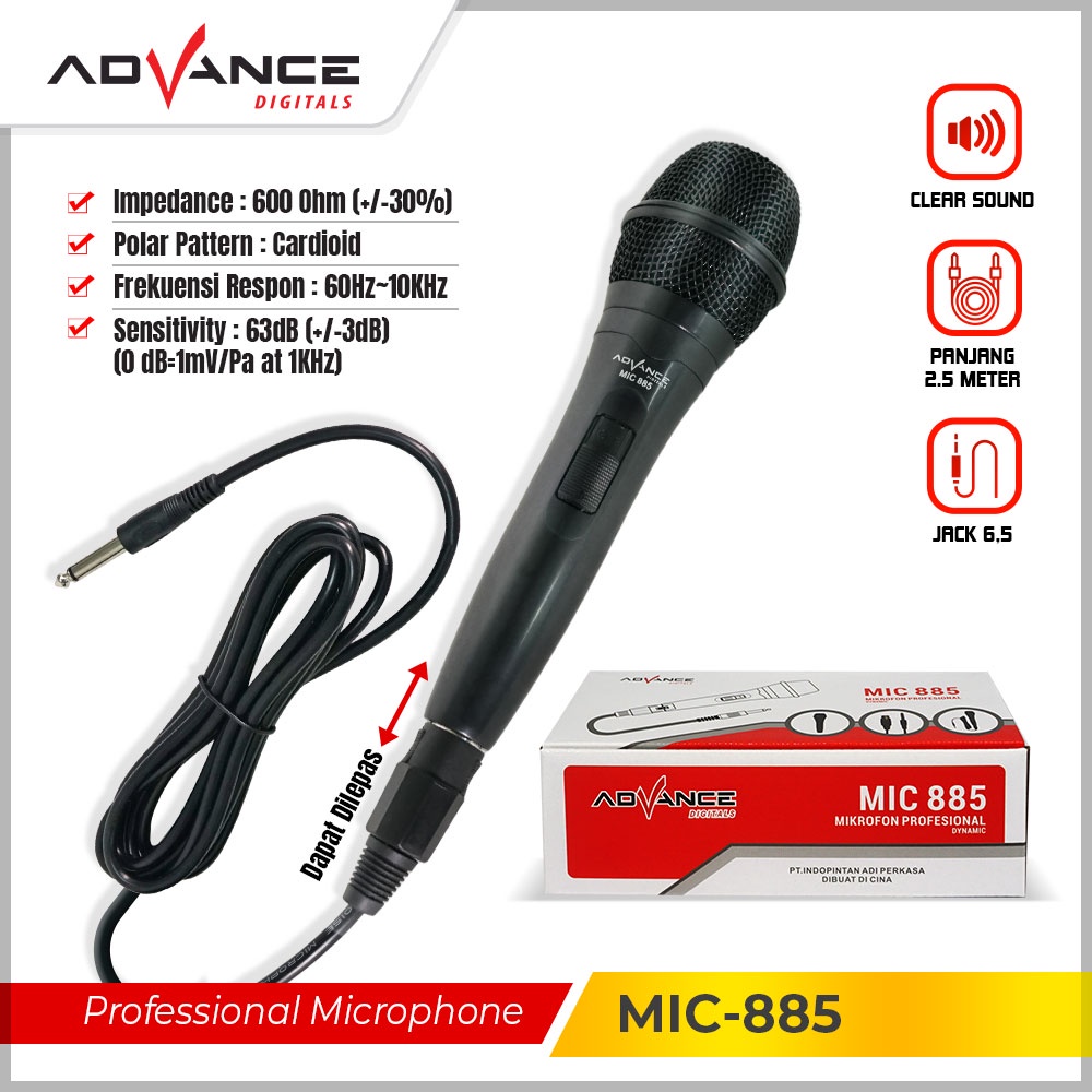 Advance MIC 885 Professional Dynamic Microphone Kabel 2.5M Black