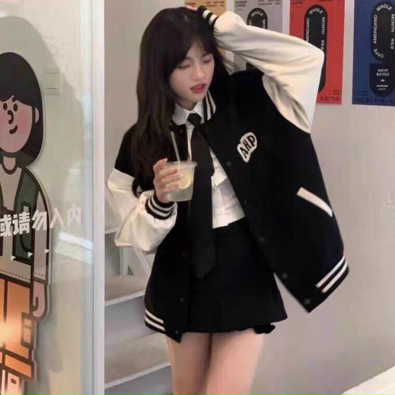 Jaket Baseball Big Size ( S - 6XL ) AHP Korean Street Style Hip Hop Jaket Varsity Kancing Bomber FLeece Unisex Jacket Boy Girl Pria Wanita Jumbo Hitam Putih Mix Kombinasi 2 Warna Street Style Bisbol Two Tone