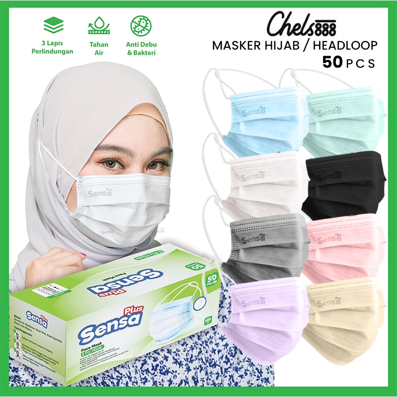 Masker SENSA PLUS Hijab Headloop 3ply isi 50pcs