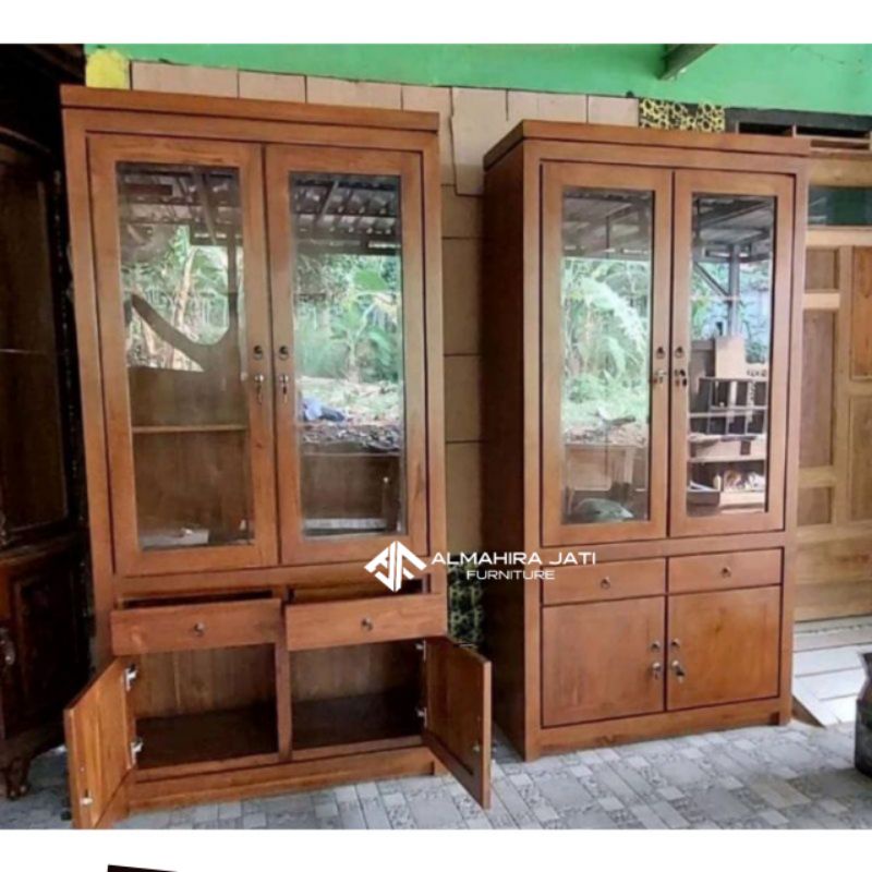 TERMURAH LEMARI KACA KAYU JATI 2 PINTU || LEMARI HIAS KACA KAYU JATI MINIMALIS || LEMARI PERABOT SER