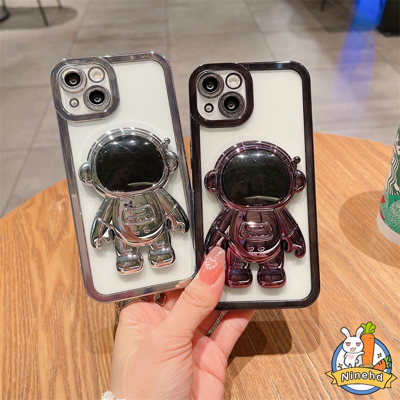 IPHONE Casing Kompatibel Untuk Iphone14 13 12 11 Pro Max Xr Xs Max Se8 7 Plus Bingkai Persegi Mewah 6D Plating Phone Case Astronot Stand Lensa Metal Full Cover Soft Case Cover Pelindung