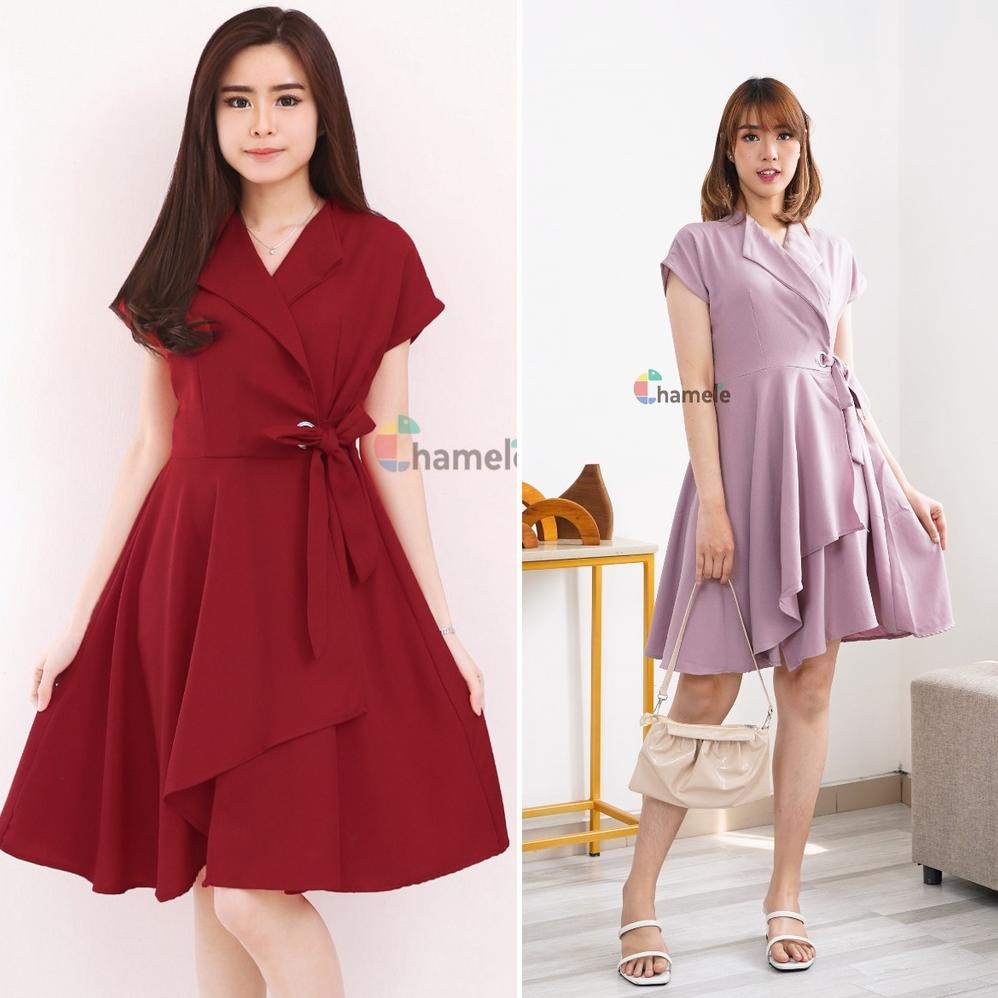 Promo - Chamele - Ori  Karyn Dress Merah Natal / Imlek Korea Wanita Polos Bisa Untuk Baju Bumil Dan Busui 505 Best Seller