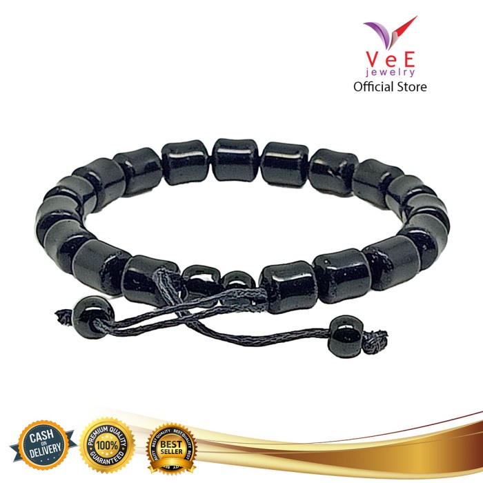 Gelang Tali Batu Giok Hitam Asli Cina Tabung 10mm - VeE Black Jade
