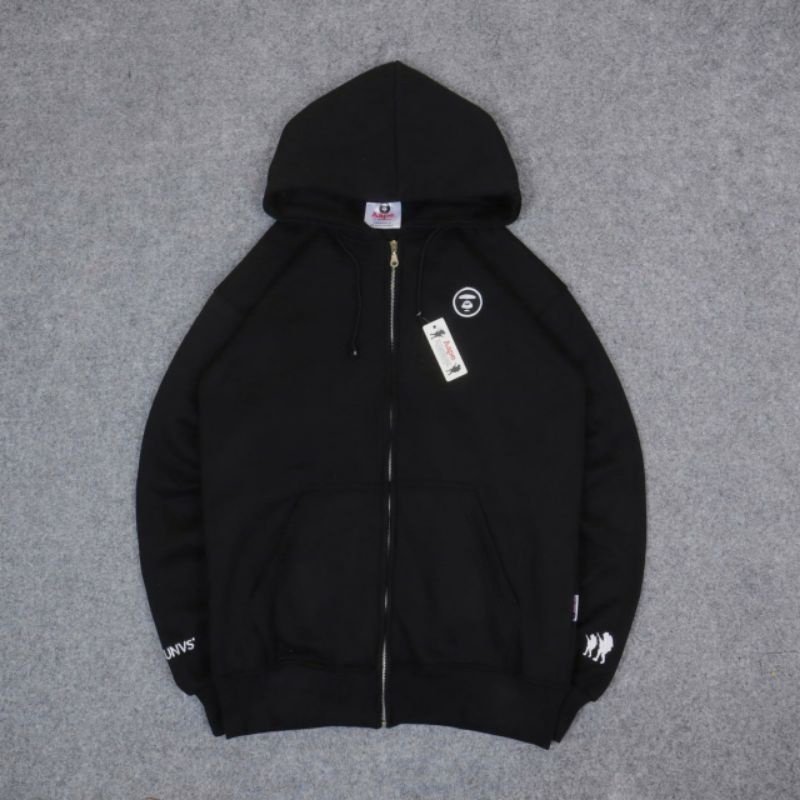 Hoodie AAPE Zipper Embroid Hitam Sweater Pria Wanita Katun Fleece Premium