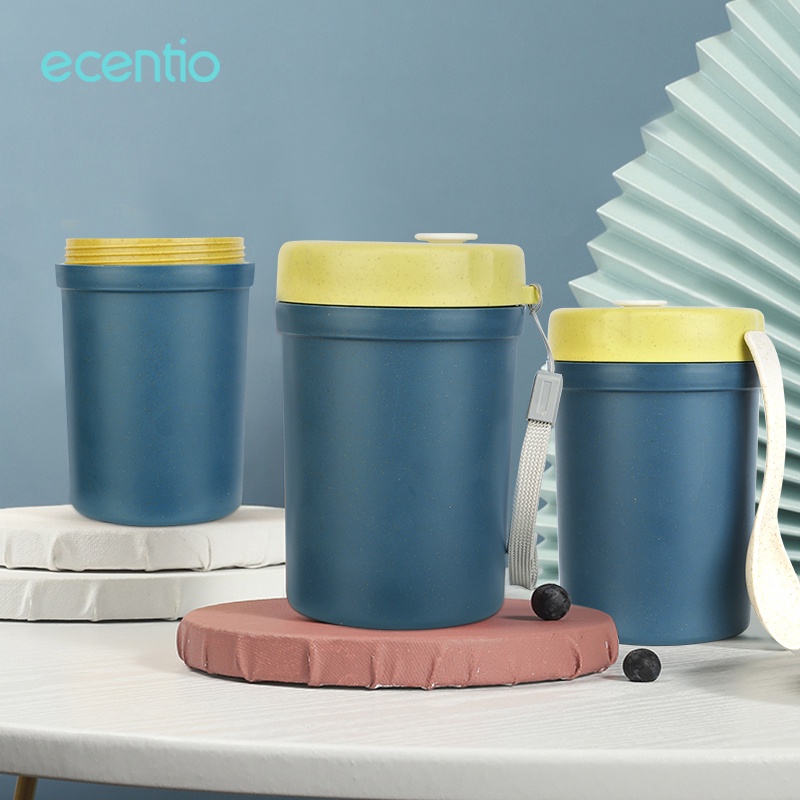 ecentio Tempat Sup Makan Portable Cangkir Sup Mangkuk sup Dengan Free Sendok Anti Tumpah Jerami Gandum 350ml BPA Free