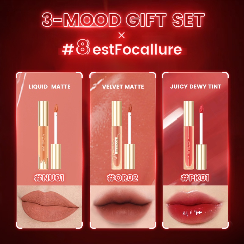 FOCALLURE 3PCS Liquid Lipstick Matte Liquid Lipstick Velvet Liptint Mirror Lip Gloss Ultralight High Pigment Airy Fit Moisturize Lip Tint