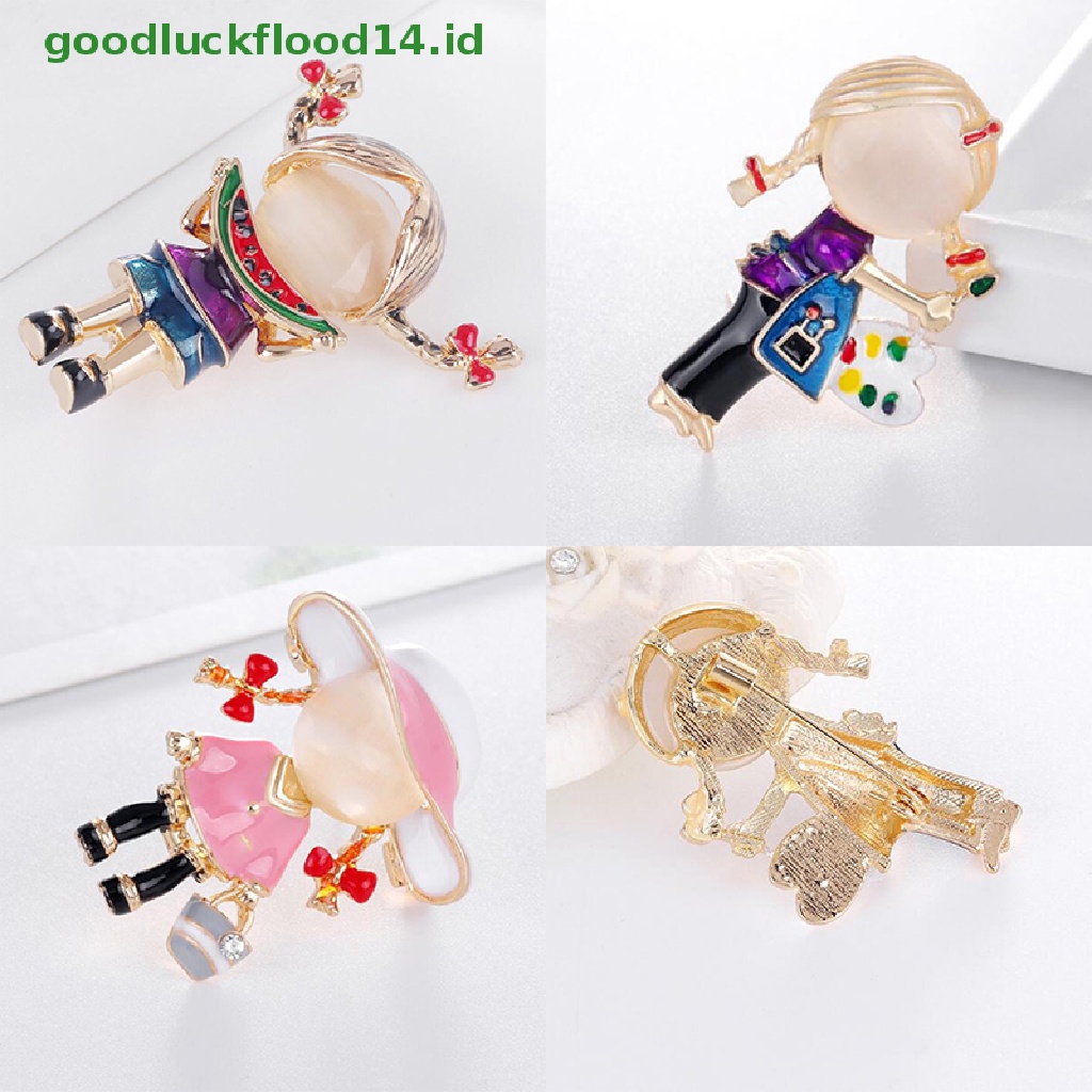 [GOOGFOUR] Enamel Lucu Ponytail Pager Gadis Bros Kristal Lapel Pin Aksesoris Perhiasan [TOP]