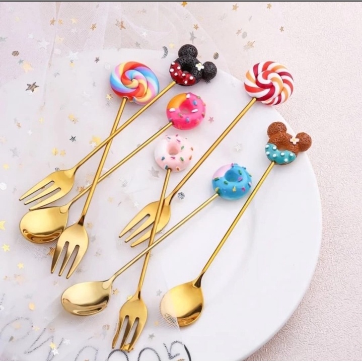 Cafe Sendok Garpu Lucu Dessert Kecil Karakter Korea Gold TeaSpoon