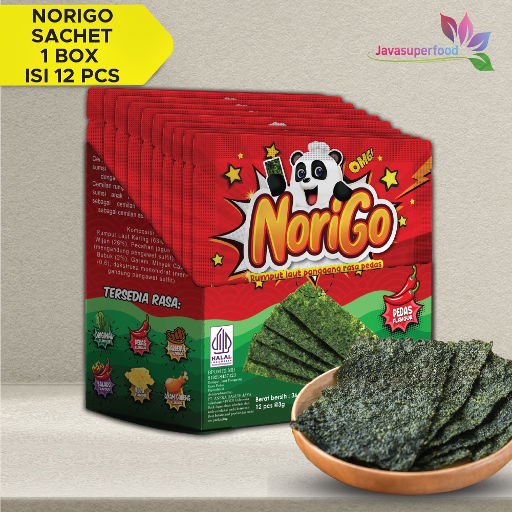 

[Halal] Norigo (1 BOX ISI 12 PCS) / Nori Sachet Spicy Seaweed Snack 3g Rumput Laut Halal Rasa Pedas