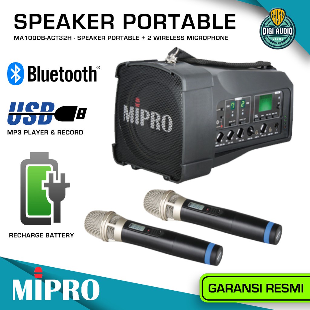 Speaker Portable Bluetooth Plus 2 Mic Wireless Microphone - USB Mp3 Player Recording MIPRO MA100DB