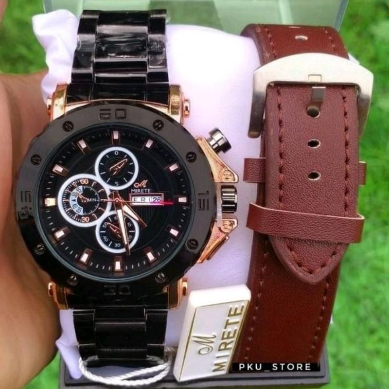 JAM TANGAN MIRETE ORIGINAL DUA TALI NEW TERBARU FASHION PRIA JAM TANGAN MIRETE ORIGINAL, JAM TANGAN COWOK RABTAI STAINLIS STEL TAHANNAIR COD BAYAR DI TEMPAT FRE BATRAI CADANGAN, MIRETE
