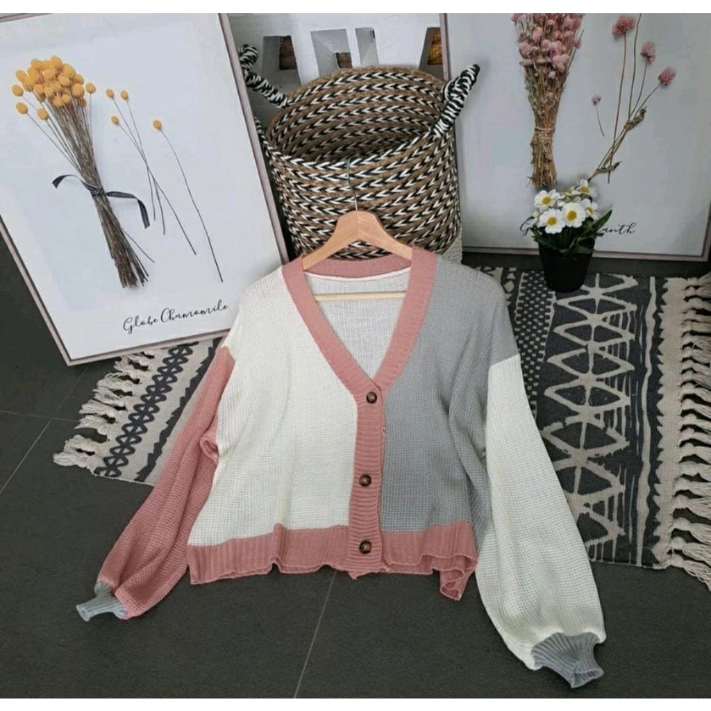 Cardy Two Tone / Cardigan Rajut Combine 3 Warna Tebal 7 Gate Premium