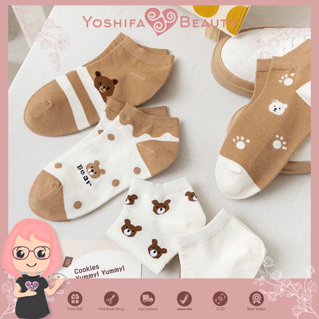 Kaos Kaki Wanita Motif Lucu Bear Brown | Kaoskaki Beruang Murah Fashion Korea Women Sock Import