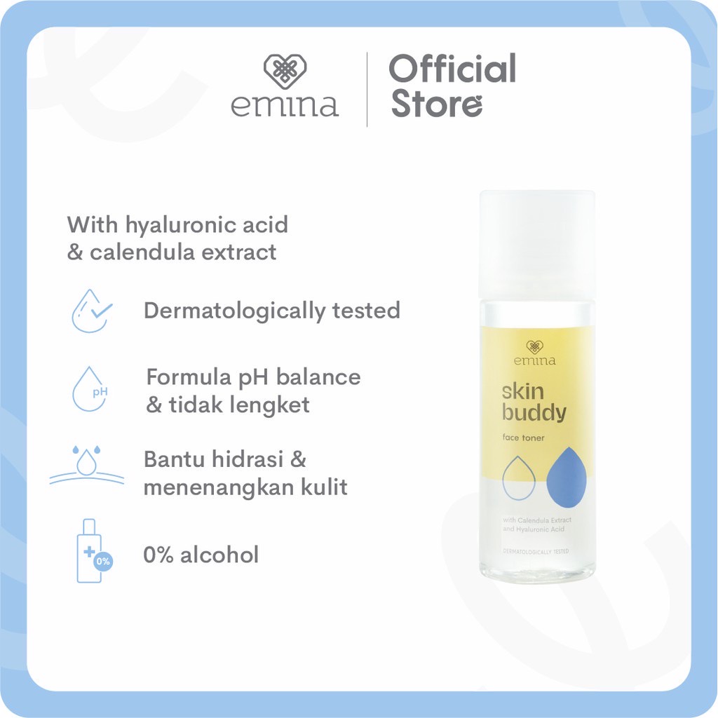 EMINA Skin Buddy Face Toner Indonesia / Pembersih Wajah 50ml 100ml / With Calendula Extract And Hyaluronic Acid / Lembab Segar Formula Mild Hydrating Ringan Tidak Lengket Melembabkan Skincare Facial Care / Bubble Up Dot Burst Sun Protection SPF Sunscreen