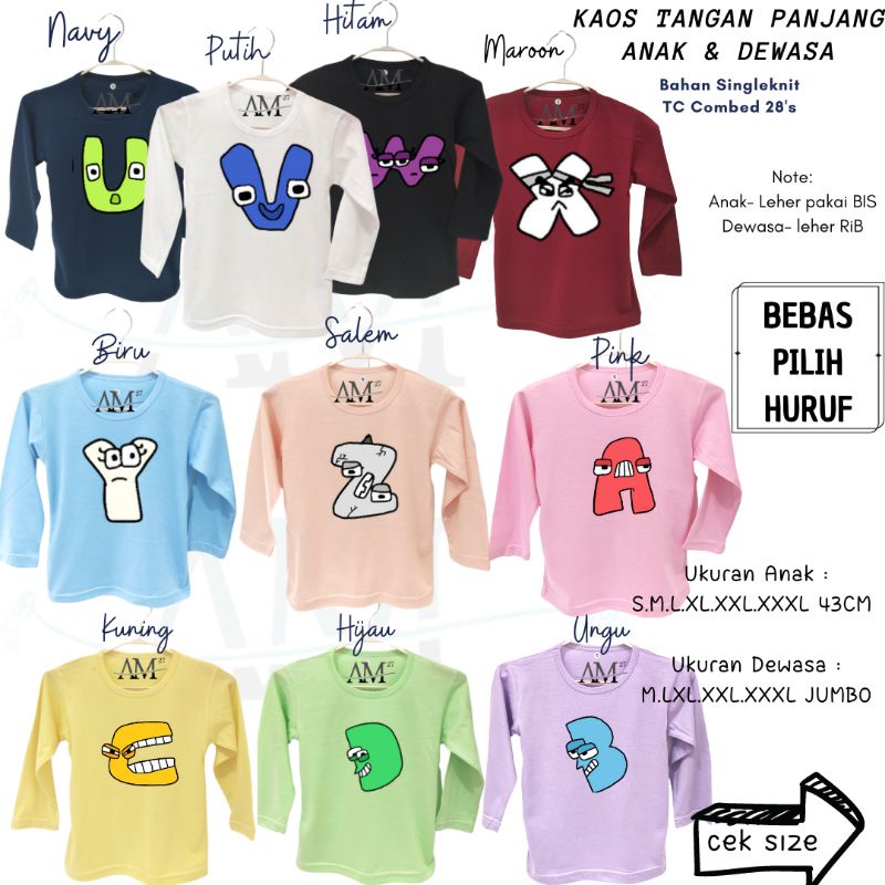 TPJ013 Baju Kaos Tangan Panjang Anak 1-12 tahun s/d Dewasa Alphabet Lore 1 Huruf