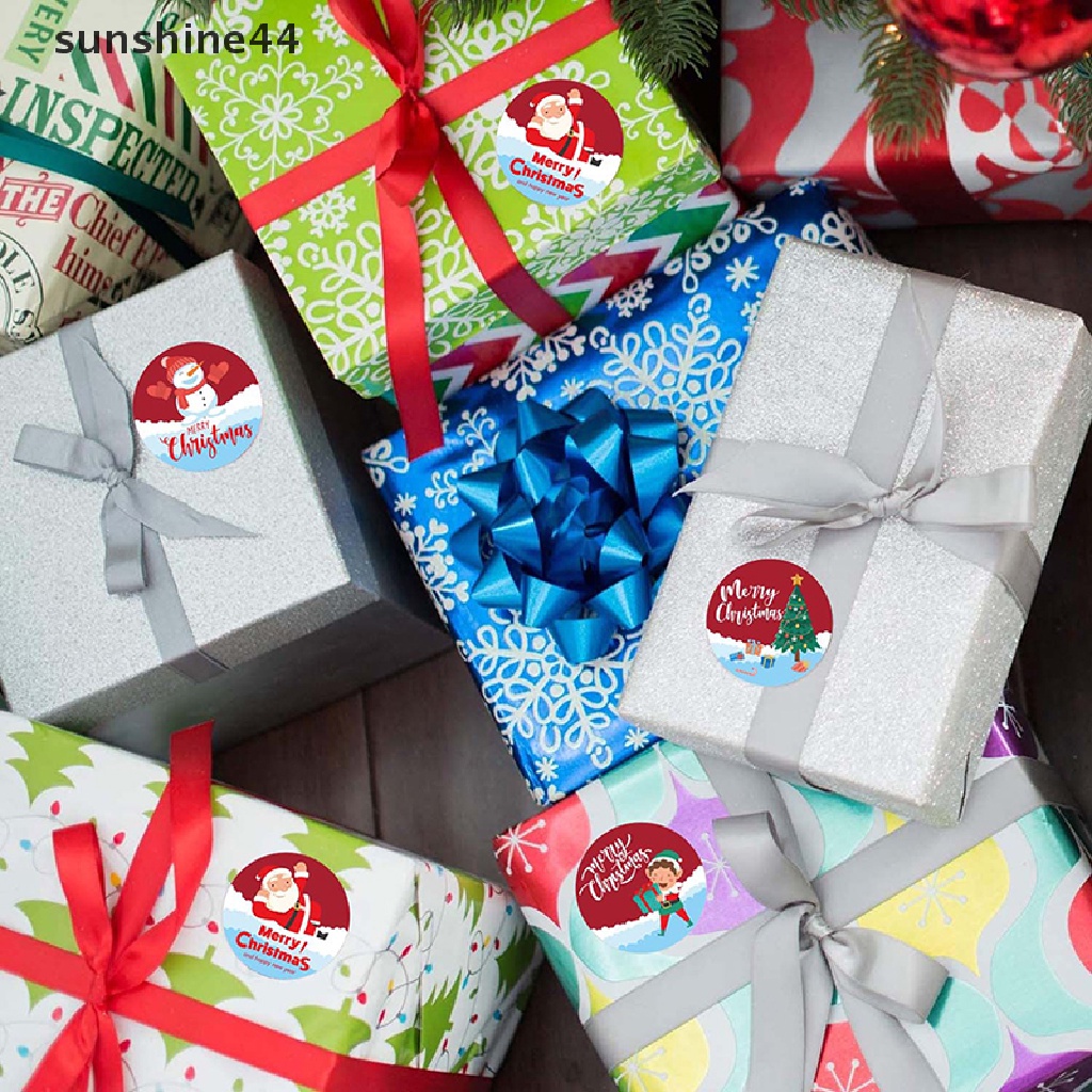 Sunshine 500Pcs Merry Christmas Stiker Label Multi-Warna Tag Natal Perekat Bulat Dekorasi Sticker Untuk Kartu Amplop Segel Xmas Gift Wrap Box Bag.