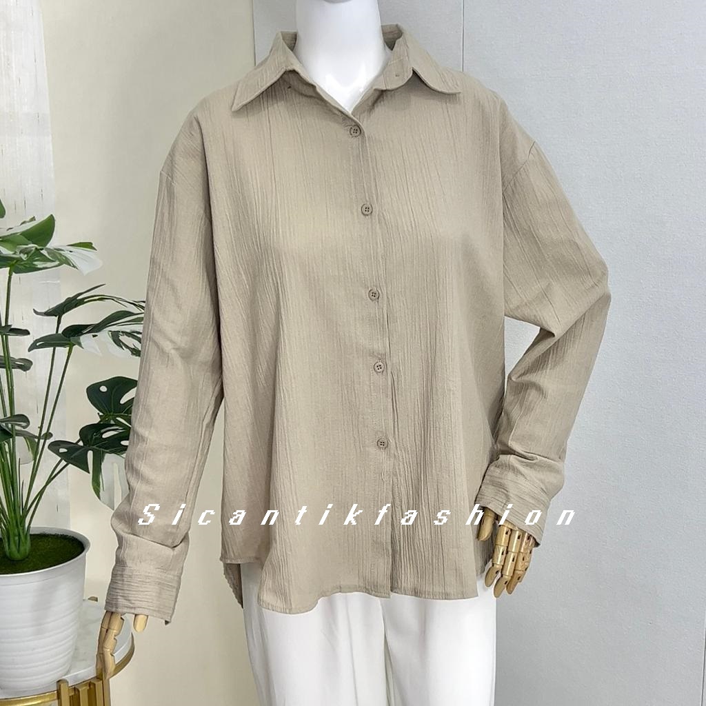 Kemeja Linen Crinkle Oversize Wanita Lengan Panjang Polos