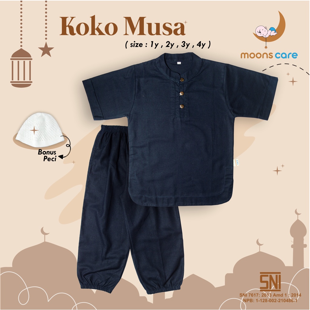 (BONUS PECI) KOKO MUSA BAHAN LINEN PREMIUM - KOKO BAHAN AMAN UNTUK KULIT SENSITIF BAYI - KOKO MUSA SUDAH FREE PECI -MOONS CARE baju koko bayi anak laki laki pakaian muslim linen anak laki laki 1 - 4 tahun premium model kekinian simple elegan stelan baju