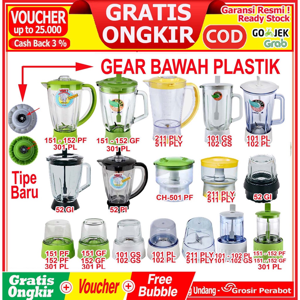 Gelas Blender Miyako Plastik Kaca Beling 1 L 1.5 L 2 L Pisau Monting Mounting Blender Dry Mill Wet Will Chopper Bumbu Kering Bumbu Basah Plastik Kaca Beling Miyako BL  101 102 PL GS  151 152 PF GF CH 211 511 PLY 501 PF Original Asli Gear Plastik Fullset