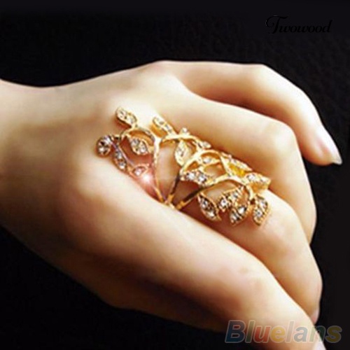 Twowood Fashion Wanita's Berlian Imitasi Mengkilap Berongga Daun Bersama Armor Knuckle Cincin Perhiasan