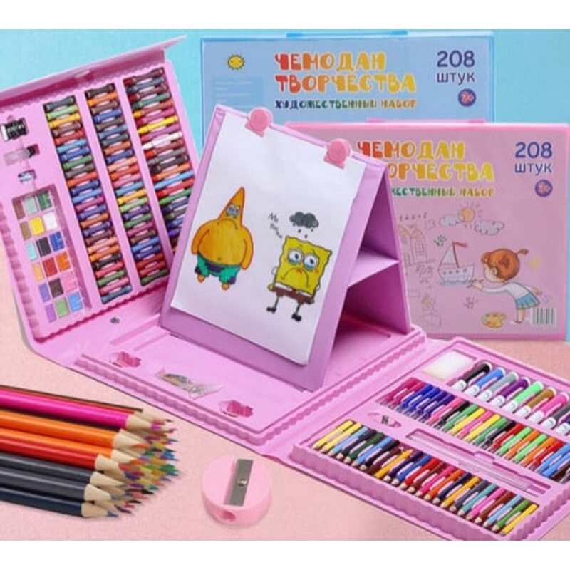 Art set 208 Pcs crayon alat melukis gambar Set Drawing Koper/ Set Alat Gambar Anak Crayon Gambar Pensil Warna 208